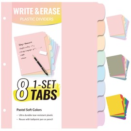 Sooez 8-Tab Durable Plastic Write & Erase Big Tab Dividers for 3 Ring Binder, Aesthetic Cute Pastel Binder Dividers for Student, Teacher, Office, Home Organizers, 1 Set, Pastel