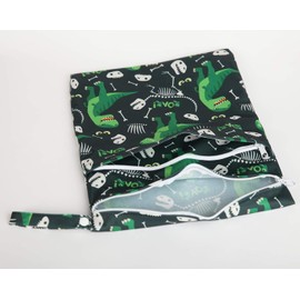 Sigzagor Wet Bag Baby Cloth Diaper Nappy Bag Reusable With Two Zippered Pockets Boys (Green Dinosaur), Medium 11 inches x 14 inches