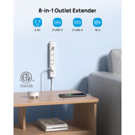 TROND Electrical Outlet Extender with 360° Rotating Plug - ELT Listed 18in Extension Cord, Multi Plug Wall Outlet, 4 USB, 1440J Surge Protector, Mountable for Behind Couch, Nightstand, Desk, White