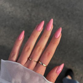 Rose Pink Press on Nails Almond Shaped 48Pcs Neutral Thick Fake Nails for Women, Medium Almond Nails Press on Reusable Acrylic Nails Glue on Medium Length Stiletto False Nails Gel Artificial Nails