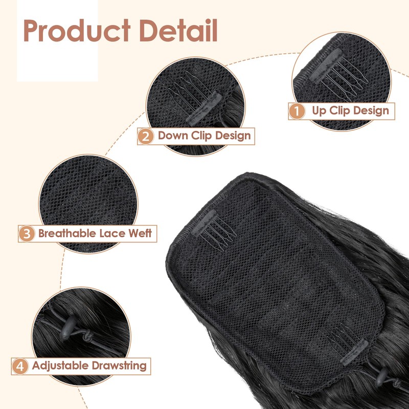 TESS Ponytail Extensions, 80 cm, Natural Black, Corn Wave Braid