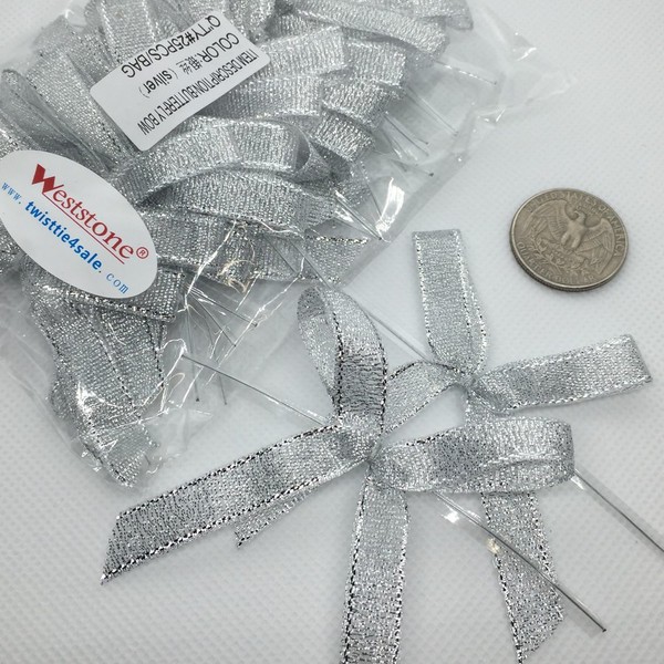 Weststone 50pcs 2 1/2" Metallic Silver Fabric Pre-Tied Ribbon Bows for Cello Bags