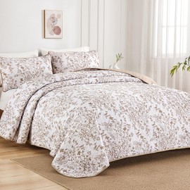 WONGS BDEEING Fall Quilt Queen Size, Brown Quilt Bedding Set with 2 Pillowcases, Botanical Quilt for Queen Bed, Soft Microfiber Lightweight Coverlet Bedspread for All Season (96"×90", 3 Pieces)