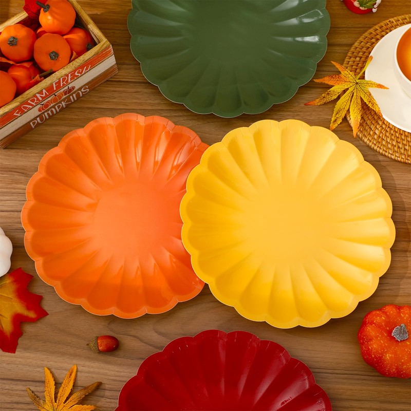 48Pcs Paper Plates, Scalloped Edge, Fall Colors, 9 Inch