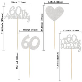 Gyufise 12Pcs 60th Anniversary Centerpiece Sticks Double Sided Gold Glitter Heart 60 Diamond Wedding Anniversary Table Flower Centerpieces for Cheers to 60 Years Blessed & Loved Wedding Party Supplies