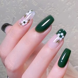 Press On Nails with Nail Glue, 3D Flower Leopard Print Camellia Tulip Designed in Glue on Nails, Fake Nails, Short Square Almond Ballet Shape for Stick On Nails on 24PCS,Green White Flower