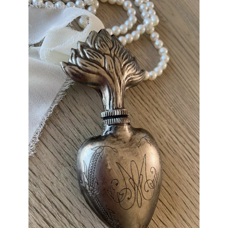 Sacred Heart Ex Voto Silver Perfume Bottle W/ Pearls