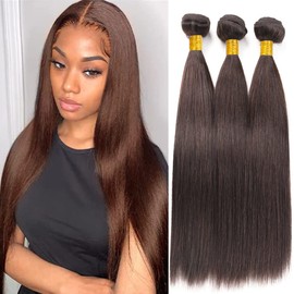QEUOPE Dark Brown Straight Bundles Color 4 Human Hair Chocolate Brown Bundles Double Weft Brazilian Hair Extensions Silky and Soft for Women (26 28 30 inch 3 Bundles)