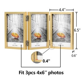 3 Picture Frame 4x6 Golden Triple Hinged MDF Wood with Glass Front Three Opening Photo Frame Stand Vertical on Tabletop