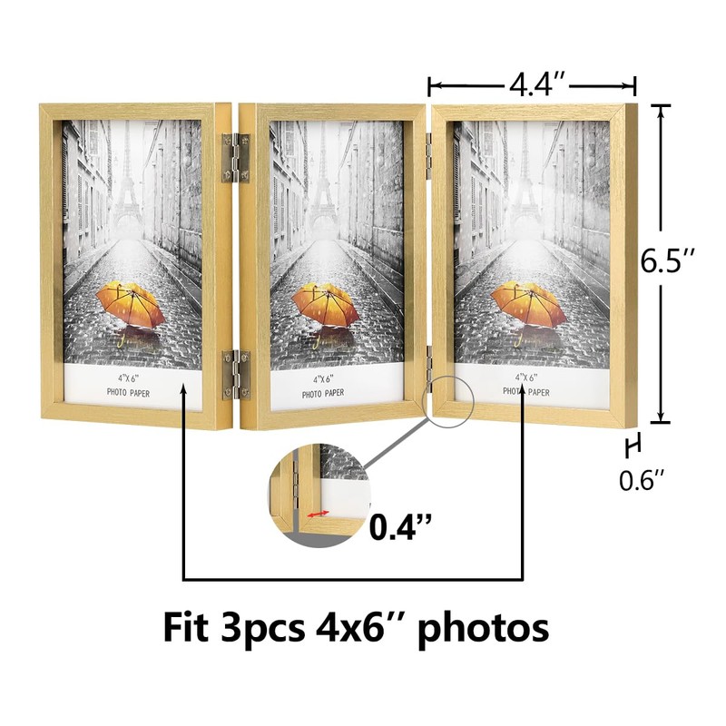 3 Picture Frame 4x6 Golden Triple Hinged MDF Wood with