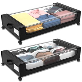 Fulpower Under Bed Storage with Wheels 2 Pack, Under Bed Storage Containers, Large Under Bed Rolling Storage with Lid, Bedroom Storage Organizer for Clothes, Shoes,Toys, Books, Blankets BLACK