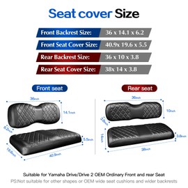 NOKINS 4PCS Golf Cart YD Diamond Seat Covers Kit,Front and Rear Seat Covers for Yamaha Drive/Drive 2 Original Regular Seat Cushion, No Stapler, Golf Cart Vinyl Replacement Seat Cover,Black Stitching