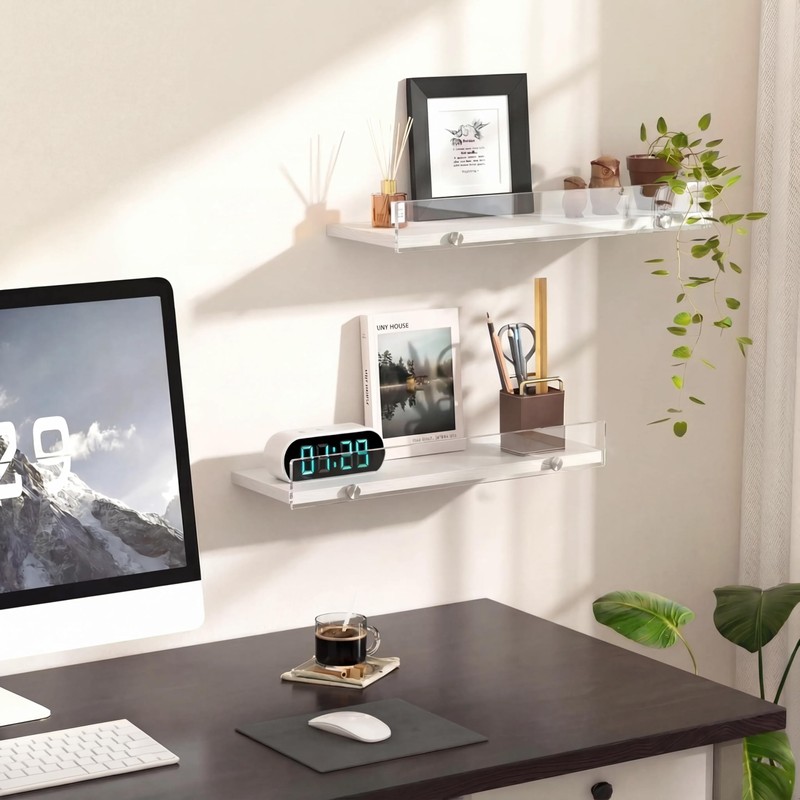 3-Pack Floating Shelves with Acrylic Anti-Fall Lip, Modern Wall Mounted