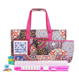 American Mahjong Tile Set with Rose-Red Printed Carrying Bag, 166 Premium White Tiles, 4 All-in-One Color Racks/Pushers, Mah Jongg Sets, Complete Mahjong Game Set for Travel