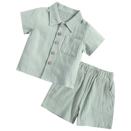 Panegy 2Pcs Newborn Baby Boys Clothes Solid Linen Cotton Pole T-Shirts with Shorts Toddler Summer Outfits Short Sleeve Button Down Shirts Shorts Set Green 12-18 Months