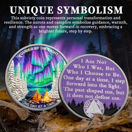 BraveBloom 1 Year Aurora Bonfire Sobriety Coin – One Day at a Time AA Medallion with Northern Lights Design – Meaningful Alcoholics Anonymous Recovery Token – Sobriety Gifts for Women Men