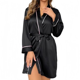 Hybursky Women's Satin Dressing Gown, Long Sleeve Kimono Wedding Robe V Neck Bathrobe for Loungewear Sleepwear Bride Bridesmaid Robes Nightwear(Black/M)