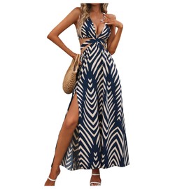 SweatyRocks Women's High Split Tie Backless Cut Out Halter Maxi Dresses Boho Vacation Long Dress Blue Small