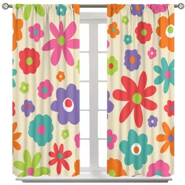 Retro Florals Bedroom Curtains Vintage Funky 70S Seasonal Spring Garden Flowers Window Treatments Pastel Flora Groovy Hippie Boho Aesthetic Farmhouse Country Drapes for Living Room Kitchen W42xL45in