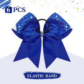 6PCS Full Glitter Rhinestone Cheer Bows Criss Cross Stiff Competition Large Cheerleading Hair Bows Elastic Band for Cheerleaders Girls -Royal Blue/Silver/White