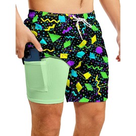 CHILL·TEK Mens Swim Trunks with Compression Liner Vintage 80s Swimming Shorts 5'' Inseam Quick Dry Beach Shorts with Pocket