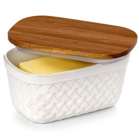 Nucookery Ceramic Butter Dish, Embossed Butter Keeper with Wood Lid for Countertop, Butter Holder and Container with Double Silicone Seal, Woven Pattern