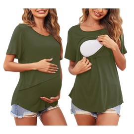 Ekouaer Women Short Sleeve Nursing Shirts Soft Maternity Tops Double Layer Breastfeeding Blouse Round Neck Pregnancy Clothes Army Green L