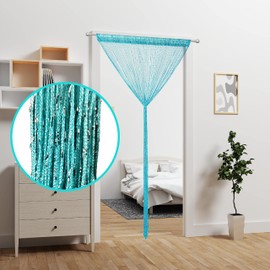 Ateasierlife Door String Curtain Doorway Beads Curtains,Hanging Room Divider Beaded Decor Hippie Glitter Fringe Panel Closet Window Wall Backdrop Doors Sequin Sheer Boho Doors Tassel (Lake-Blue)