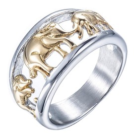 PAURO Mens Stainless Steel Golden Plated Elephant Ring Animal Jewellery Size Z