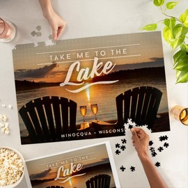 Minocqua, Wisconsin, Take Me to The Lake Sentiment, Sunset View (1000 Piece Puzzle, Challenging Jigsaw Puzzle for Adults, Made in USA)
