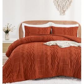 WONGS BEDDING Burnt Orange Comforter Set Queen,3 Pieces Thanksgiving Fall Comforter Queen, Pumpkin Tufted Bohemian Shabby Chic Embroidery Bedding Comforter Set for All Seasons