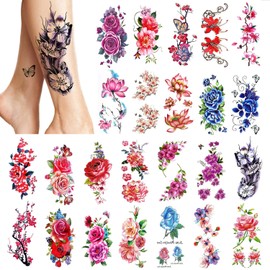PHOGARY Pack of 24 women's temporary tattoos (large flowers), colourful fake tattoo stickers, waterproof body art stickers for girls, arms, legs, shoulders, back