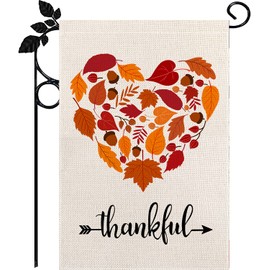 Thankful Garden Flag, Happy Fall Harvest Thanksgiving Garden Flag, Double Sided Autumn Leaf Heart Garden Flag Yard Outdoor Decoration,12.5 X 18 Inch