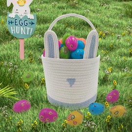 2 Pack Large Woven Easter Baskets for Kids - Boy & Girl Options, Empty Basket with Gift Bags and Ribbons Cute Easter Decorations Bunny Ears Designs (Pink+Blue)