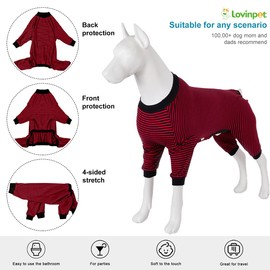 LovinPet Giant Dogs Pajamas Onesies - Pure Cotton Red and Black Stripe Dog Shirt, 4-Legged Design, Full Body Coverage, for Big Dogs, Large Breed Dog PJ's,Medium