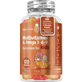 Multivitamin for Kids - 120 Natural Raspberry & Orange Flavour Chewable Gummies (2 Month Supply) - Low-Sugar Childrens Multivitamins with Zinc & Omega 3, 6 & 9 - Vegetarian Vitamins for Kids