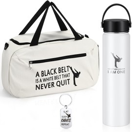 Layhit 3 Pcs Christmas Karate Gifts for Boys Taekwondo Bag Karate Bag Martial Arts Duffel Bag 24 oz Stainless Steel Water Bottle Karate Keychain Taekwondo Gifts for Kids Adults Karate Lover(White)