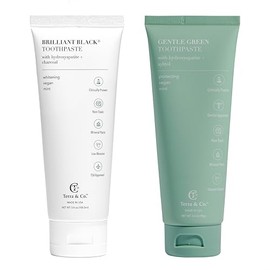 Terra & Co. Toothpaste Combo - Brilliant Black Whitening & Gentle Green Formulas for Sensitive Teeth - US-Made - Natural, Vegan, Remineralizing Hydroxyapatite - Fluoride-Free & SLS-Free - Mint, 3.4 Oz