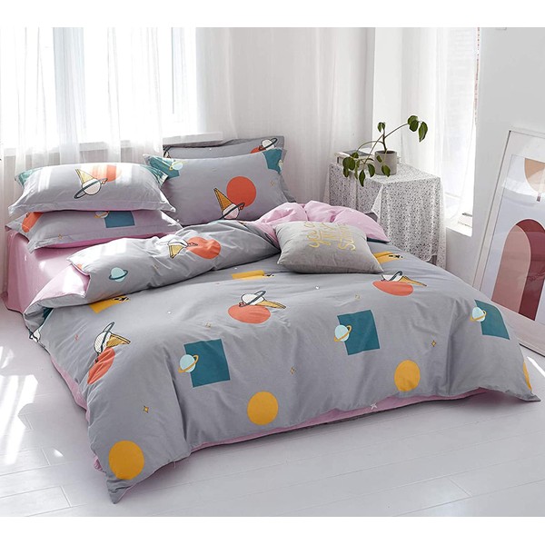 Softta Vintage Kids Girls Bedding Sets 3Pcs Duvet Cover Sets Queen Size Gray Galaxy Universe Series Planet Star Spaceship Pattern 100% Cotton Kids Reversible Bedding Collection Pink B
