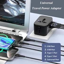 Universal Travel Power Adapter, PD 20W Fast Charging Adapter, International Travel Plug Converter with 2 USB C, 2 USB A Ports, Travel Charger for EU UK USA AU