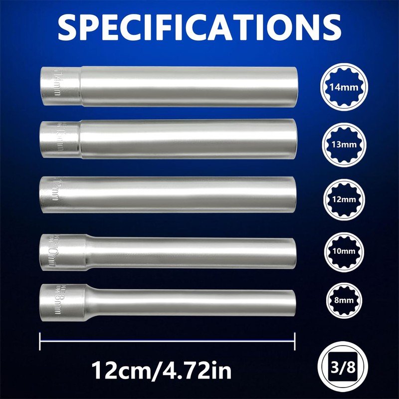 KTTOOL 5PCS Deep Metric Socket Set, 3/8-Inch Drive Thin Wall