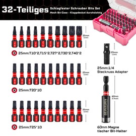 Geinxurn 32-Piece Impact Resistant Screwdriver Torx Bits Set, Bit Set S2 Steel Magnetic 1/4 Inch Hex Shank, Includes Bit Holder Socket Adapter with Pink Storage Box