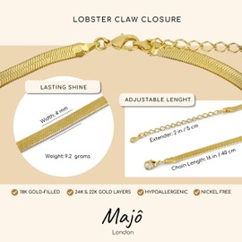 Majô London Gold-Filled Flat Snake Chain Necklace for Women,18k/22k/24k Gold Herringbone Chain, 16-18 in/40-45 cm Adjustable Length, 4mm Width, Hypoallergenic | Made In Brazil