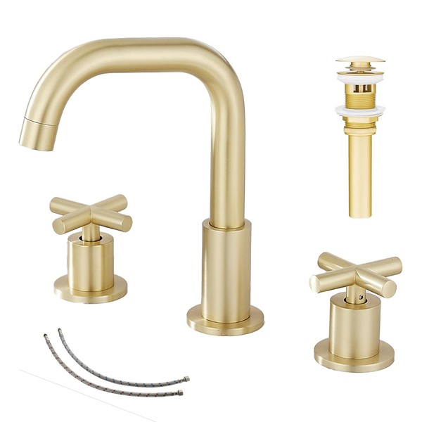 Brushed Gold Bathroom Faucet GGStudy3 Holes 360 Swivel Spout 2