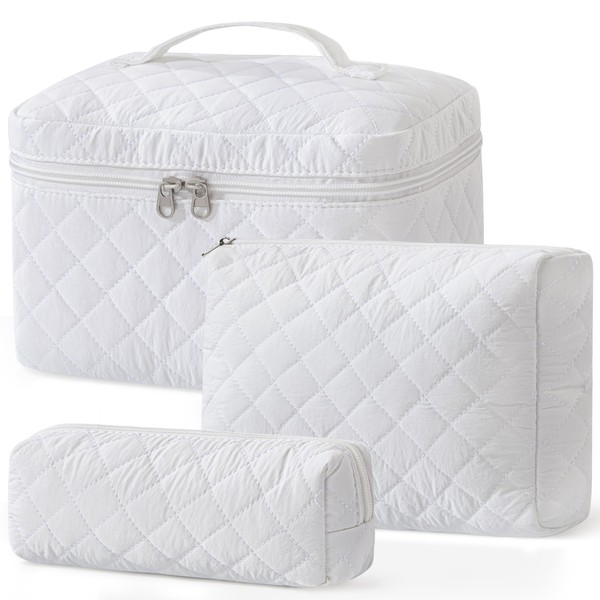 HBselect 3 PCS Quilted Makeup Bag, Cotton Large Travel Makeup