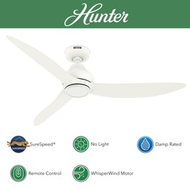 Hunter Fan 52 Inch Matte White Indoor/Outdoor Ceiling fan with Remote for Porch, Living Room, Office, Kitchen (Renewed)