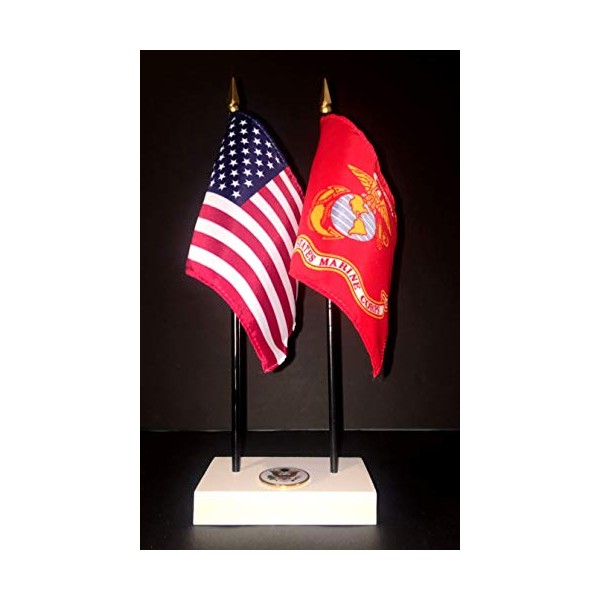 Made in The USA. 1 American and 1 United States Marine Corps Rayon 4"x6" Office Desk & Little Table Flag Executive Set, Includes a 2-Hole White ArcticSno Flag Base with a USA Great Seal and Two Flags