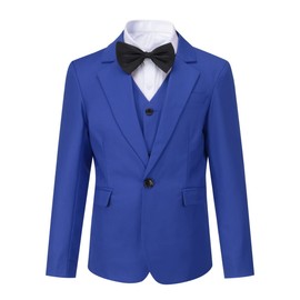 Trajes de esmoquin de 3 piezas para niños, chamarra de ajuste delgado, chamarra de solapa con muescas, chaleco de pantalones formales para vestir con anillo, Azul, 14 Años