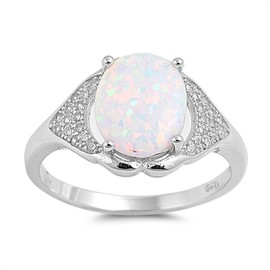 Oval White Simulated Opal Beautiful Cluster Ring .925 Sterling Silver Band Size 8