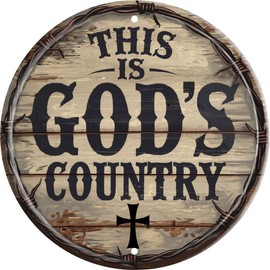 God's Country Welcome Sign for Front Door Round Metal Door Sign 8x8 Inch Home Art Office Coffee Shop or Bedroom Decor Gift Creativity